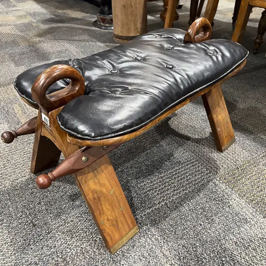Brass Inlaid Teak Saddle Stool