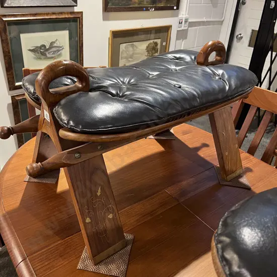 Brass Inlaid Teak Saddle Stool