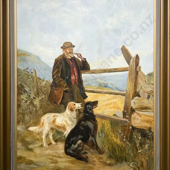 R. S. - Old Farmer with Hounds - Oil on Board