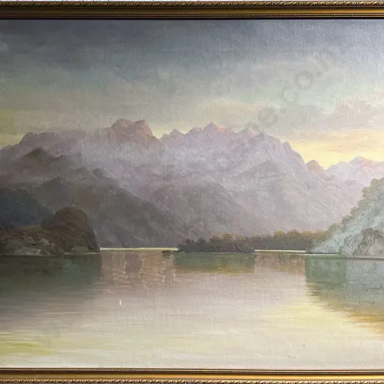 J.D. Perrett - Lake and Mountain Scape - Oil on Canvas