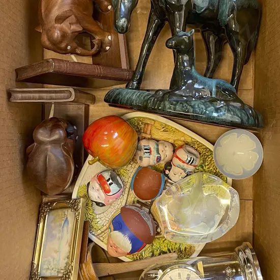 Box of Assorted Incl. Small Dome-cased Clock & Blue Mountain Pottery Group Figure