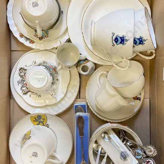Box of Assorted Crestware together with S/P & S/S Souvenir Spoons
