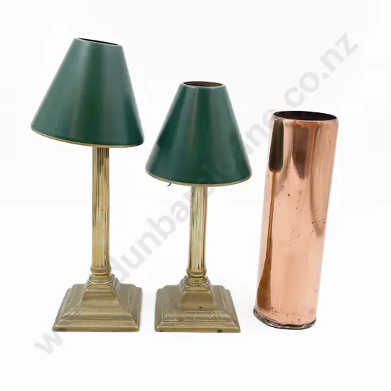 Copper Shell Casing Together with Pair of Brass Candlestick with Clip-on Lightshades