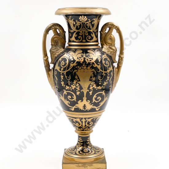 C19th Paris Porcelain Hand Painted Double Handled Vase with Centralised Fruit & Flower Motif and Gilt Embellishments