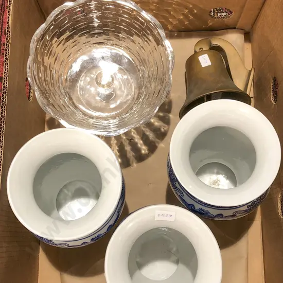 Box of Assorted Incl. Vintage School Bell and Blue & White Vases