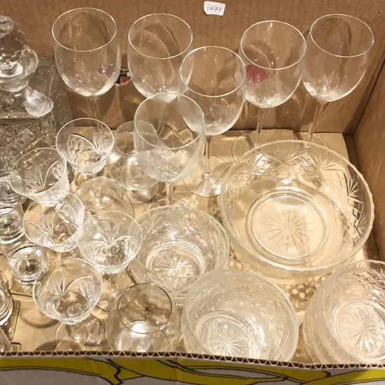 Box of Assorted Crystal and Glassware Incl. Decanter