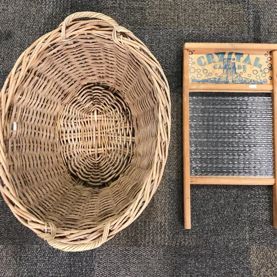 Vintage Wicker Laundry Basket Together with Vintage Glass Columbus Washboard