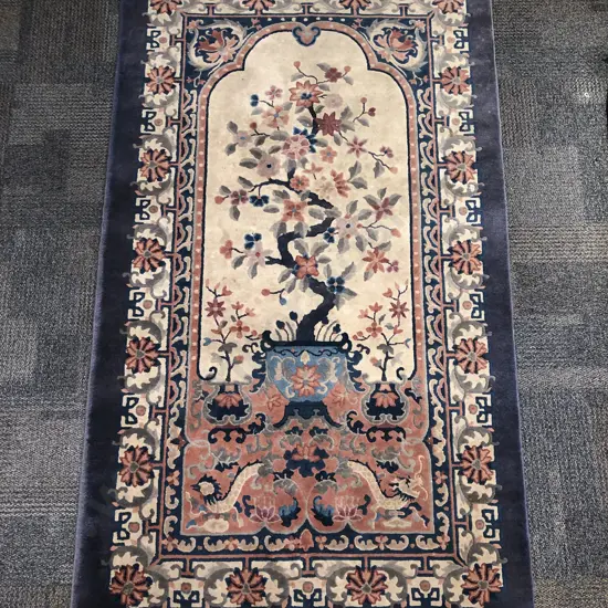 Chinese Rug with Central Bowl of Flowers on Creme Ground