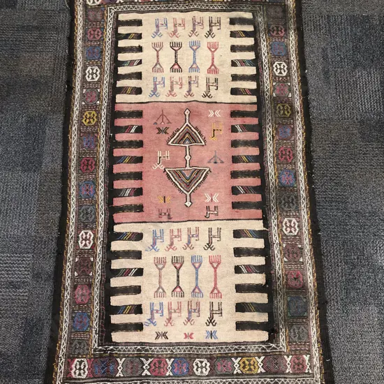 Kilim Rug with Three Square Central Panels and Geometric Border