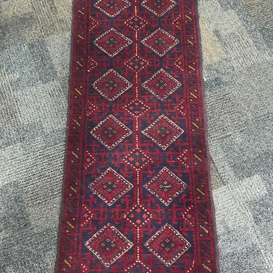 Persian Woollen Runner with Two Rows Of Lozenge Medallions in Red and Navy Blue Tones