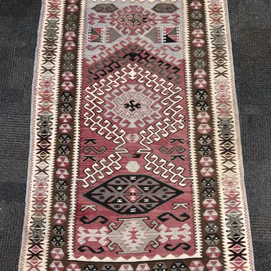 Kilim Rug with Traditional Geometric Design in Red Dark Blue and NAtural Tines