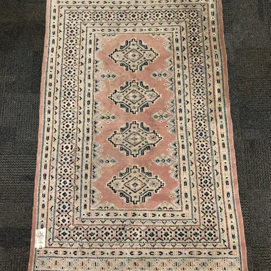 Persian Woollen Rug with Four Cruciform Medallions in Pink Blue and Ivory Tones
