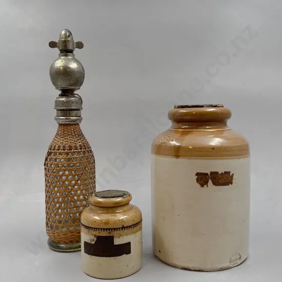 Two Stoneware Crocks and Soda Syphon