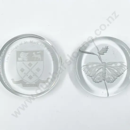 Two Clear Etched Glass Paperweights
