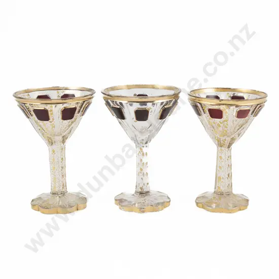 3 Small Venetian Ruby & Gilt Liqueur Glasses