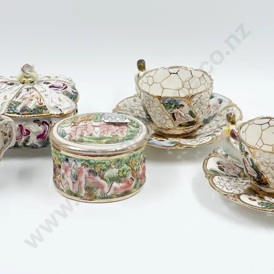 Italian Capodimonte Traditionally Figured Two Cup & Saucers