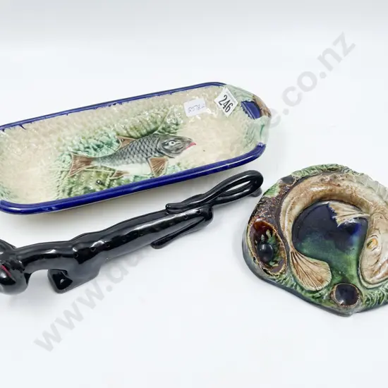 Two Majolica Dishes and Novelty Toothpick Holder