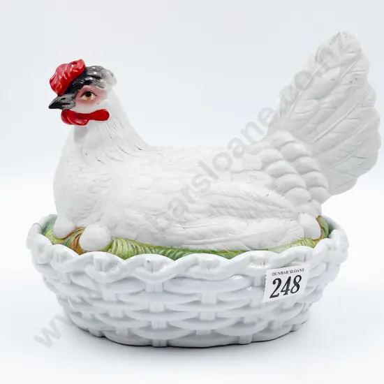 Vict Painted Whiteware Molded Nesting Hen Tureen