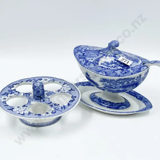 Mid C19th English B&W Sauce Tureen with Ladle and Condiment Stand