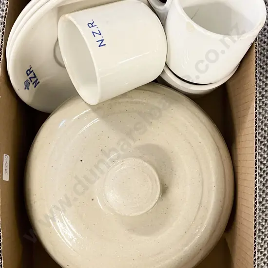 Timaru Pottery Stoneware Hot Water Bottle with Three NZR Cup & Saucers