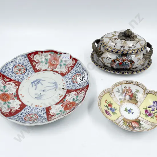 Imari Dish Modern Crested Tureen on Saucer & Dresden Saucer