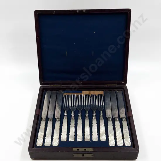 Vict Cased Twelve Place Mother of Pearl Handled Fruit Knives & Forks