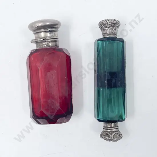 Vict. Bristol Green Double-ended Scent Bottle & Ruby Glass Salt Bottle