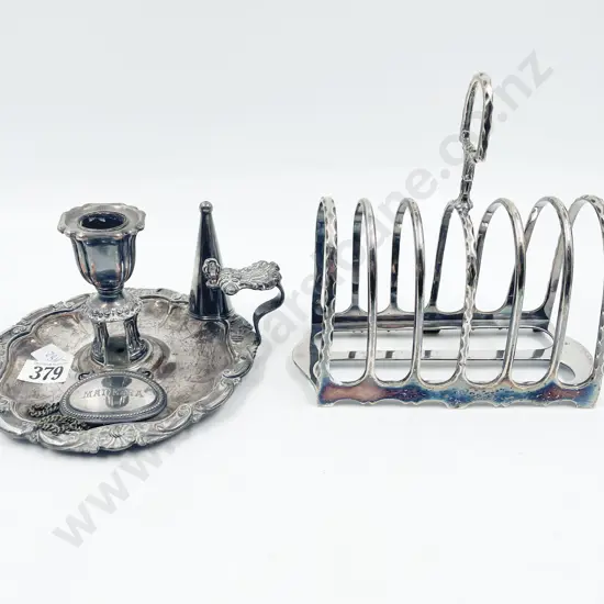 Vict Sheffield Plate Chamber Stick & Large Toast Rack