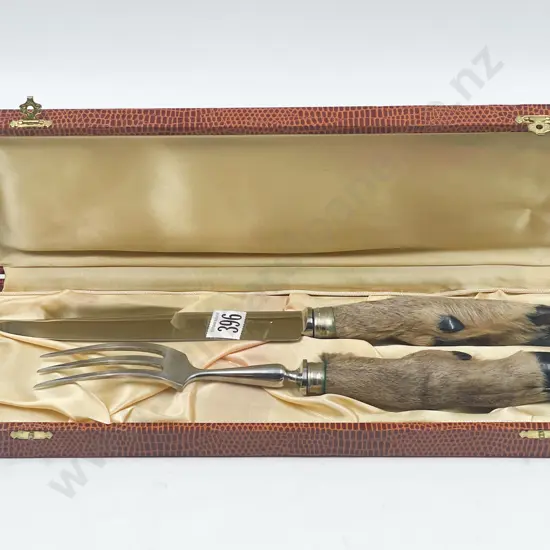 Cased Carving Knife & Fork w/ Deer Hoof Handles