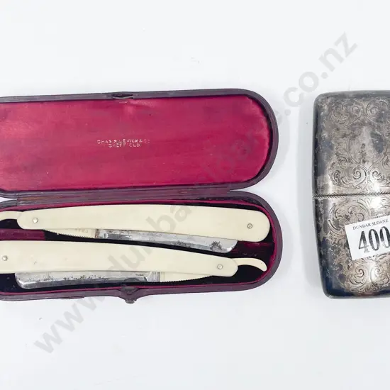 Cased Casin Handled Cut-Throat Razors & S/P Pocket Cigar Box
