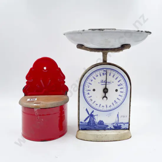 Kitchen Scales and Enamel Salt Container
