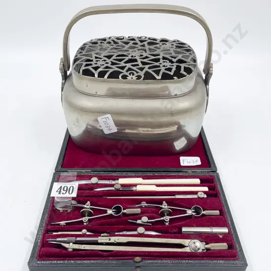 Cased Drawing Instrument Set & Metal Basket