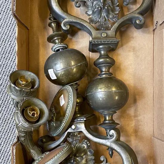 C19th Ornate Pair of Brass Andirons & Pair Light Sconces (1 A/F)