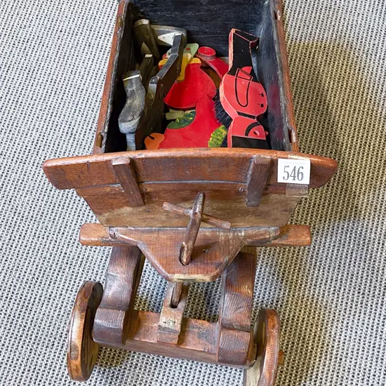 Early C20th Handmade Toy Wooden Cart & Three Wooden Toys