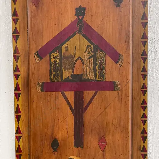 NZ Kauri Door Panel Naively Painted with Maori Meeting House & Figures