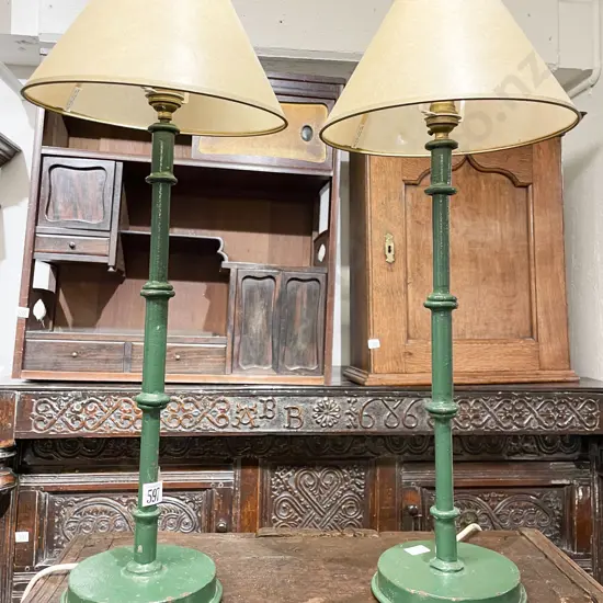Pair Green Painted Cast Iron Table Lamps