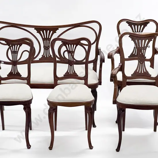 French Art Nouveau Five Piece Walnut Framed Parlour Suite