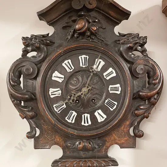 Late C19th Ornately Carved Oak Framed Wall Clock