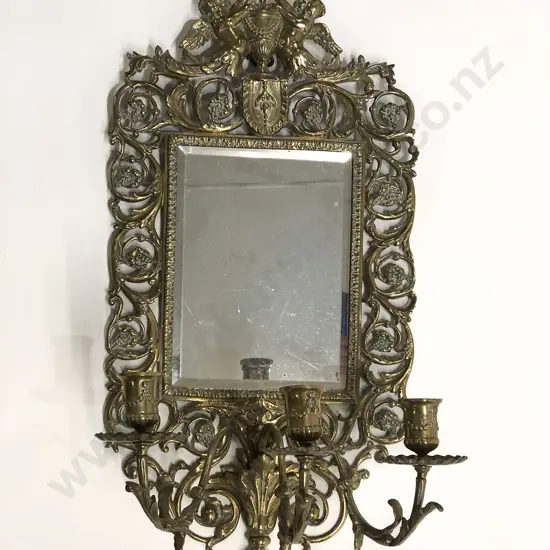 C19th Cast Brass Three Candle Sconce Wall Mirror