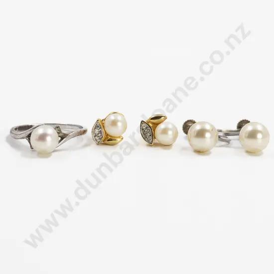 Mikimoto S/S Single Cultured Pearl Ring and two pair imitation pearl stud earrings