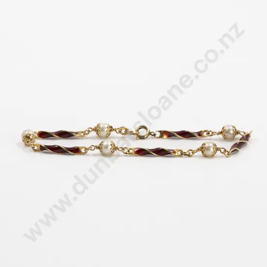 18ct Red Enamel Bar Twist and Pearl Bracelet