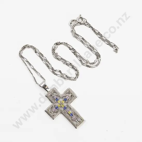 10ct White Gold and 16stone Gem Set Cross Pendant