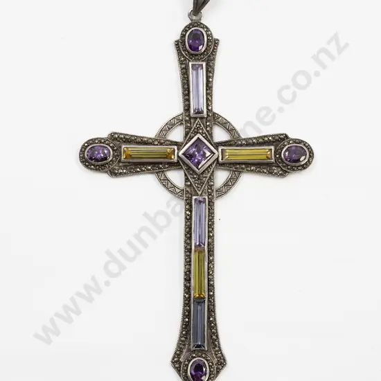Large .925 Silver Amethyst Citrine and Marcasite Cross Pendant