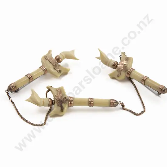 Co-joined Three Gold and Silver Mounted Ivory Kris Brooches