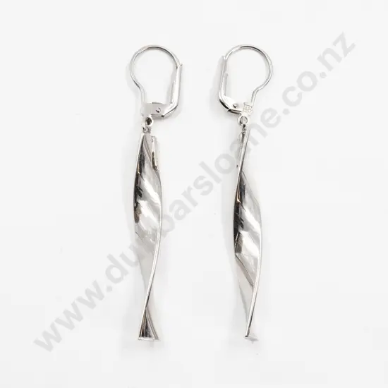 Pair Italian 14ct White Gold Twist Bar Pendant Drop Earrings