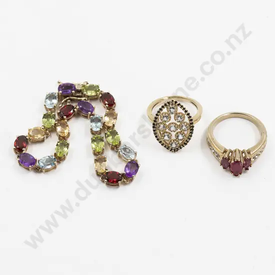 .925 Silver Gilt and 21 Multi-Gem Chain Linked Bracelet