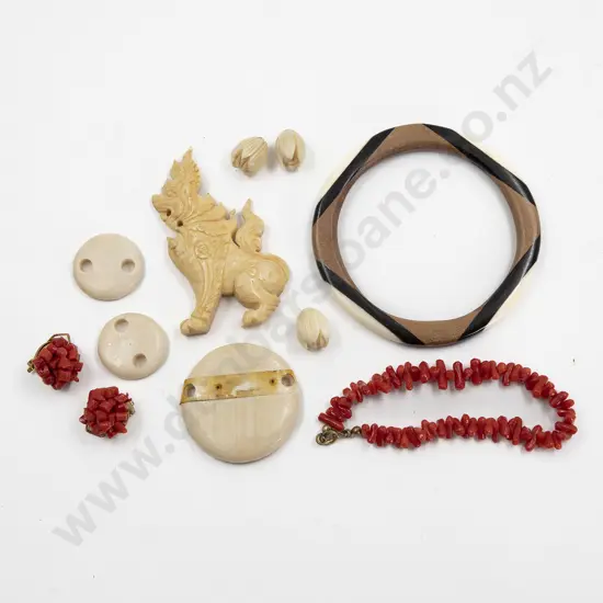 Red Coral Bracelet and Clip Earring and Ivory Pieces