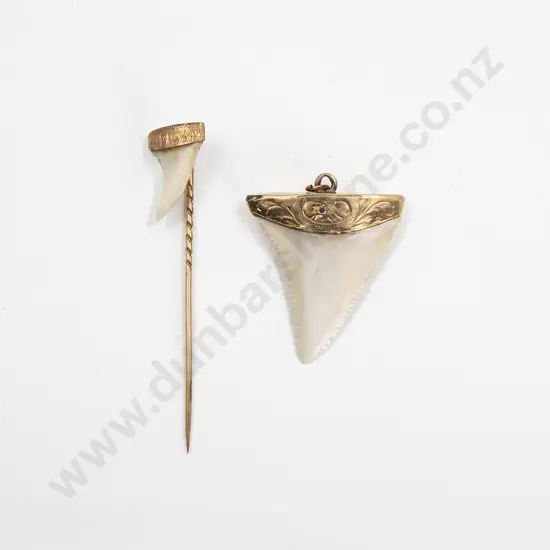 NZ Colonial 15ct Mounted Shark Tooth Pendant and 9ct Stick Pin