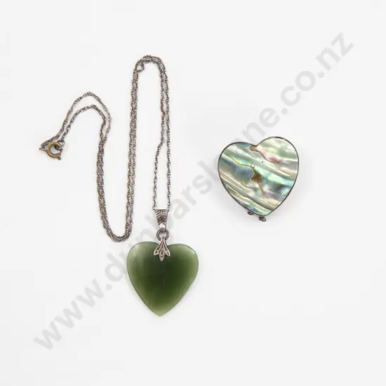 S/S and Paua Heart Brooch with Greenstone heart pendant