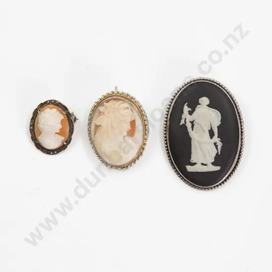 S/S Framed Wedgwood Black Basalt Brooch and Two Cameo Brooches